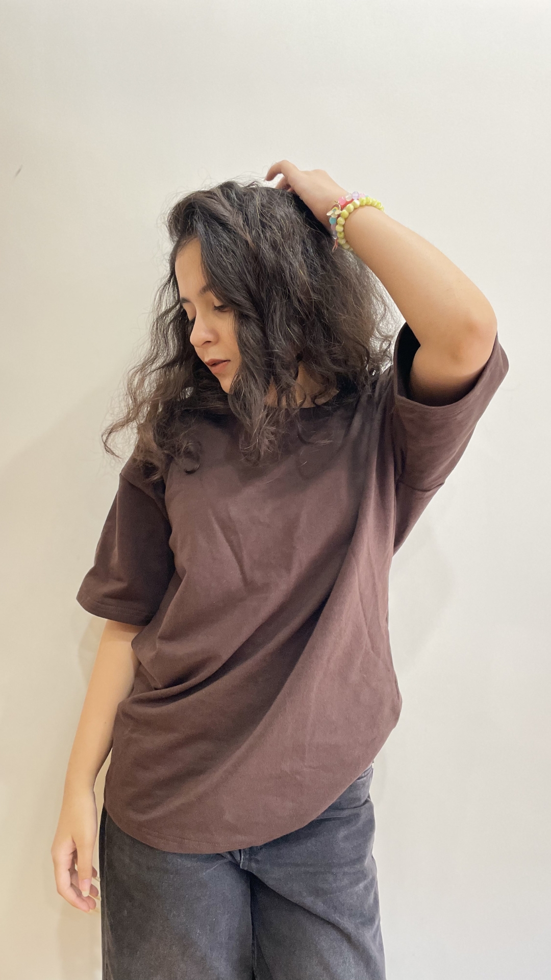 Woman wearing oversized brown t shirt by TheCottonStrand