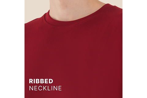 Close up Image of TheCottonStrand Red Oversized Tshirt displaying the characterstic of ribbed neckline