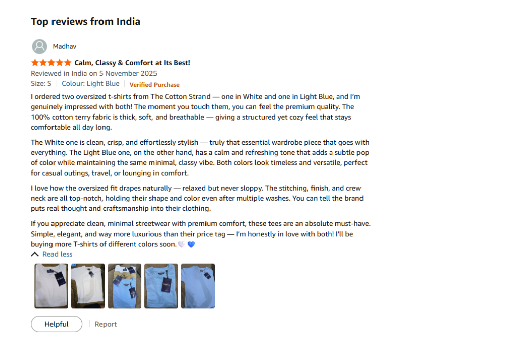 Verified Amazon customer review for TheCottonStrand oversized T-shirt