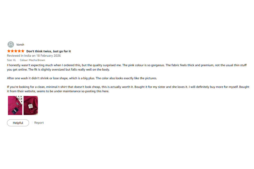 Verified Amazon customer review for TheCottonStrand oversized T-shirt