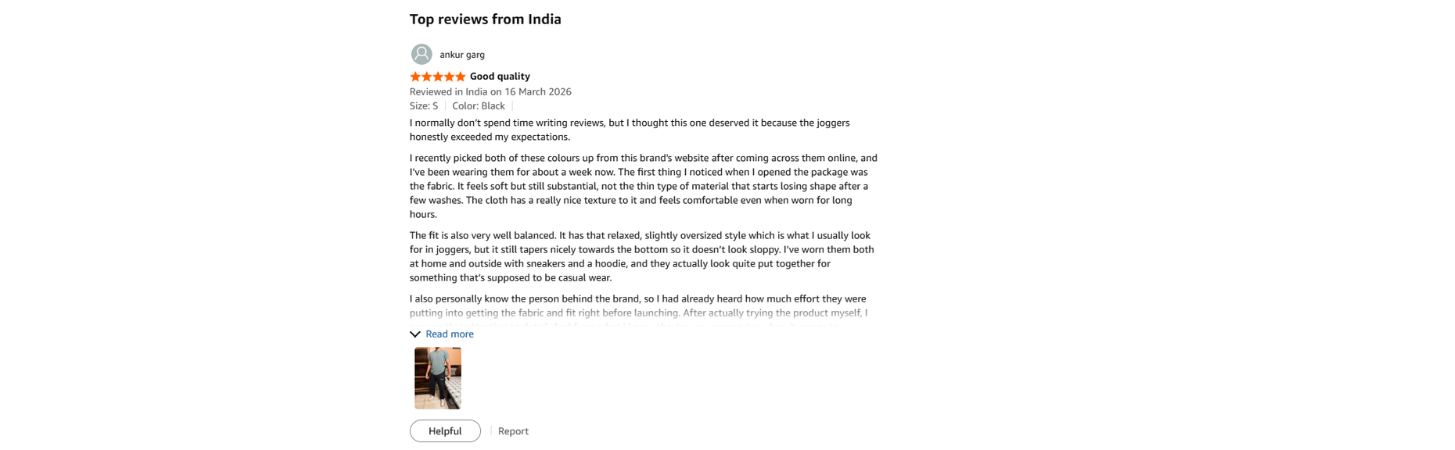 Verified Amazon customer review for TheCottonStrand oversized Joggers
