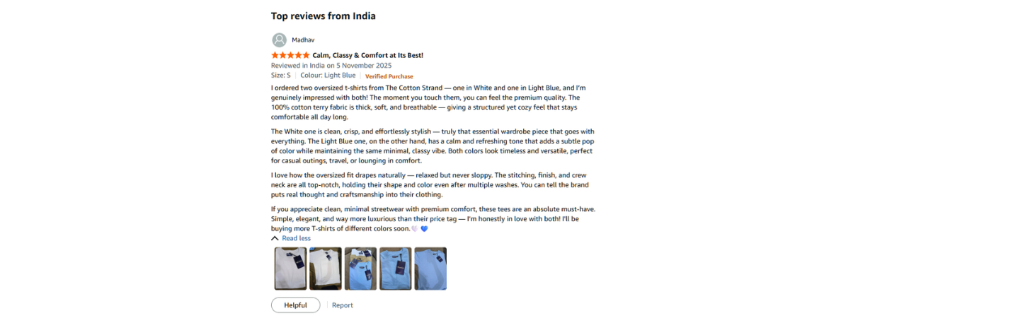 Verified Amazon customer review for TheCottonStrand oversized T-shirt
