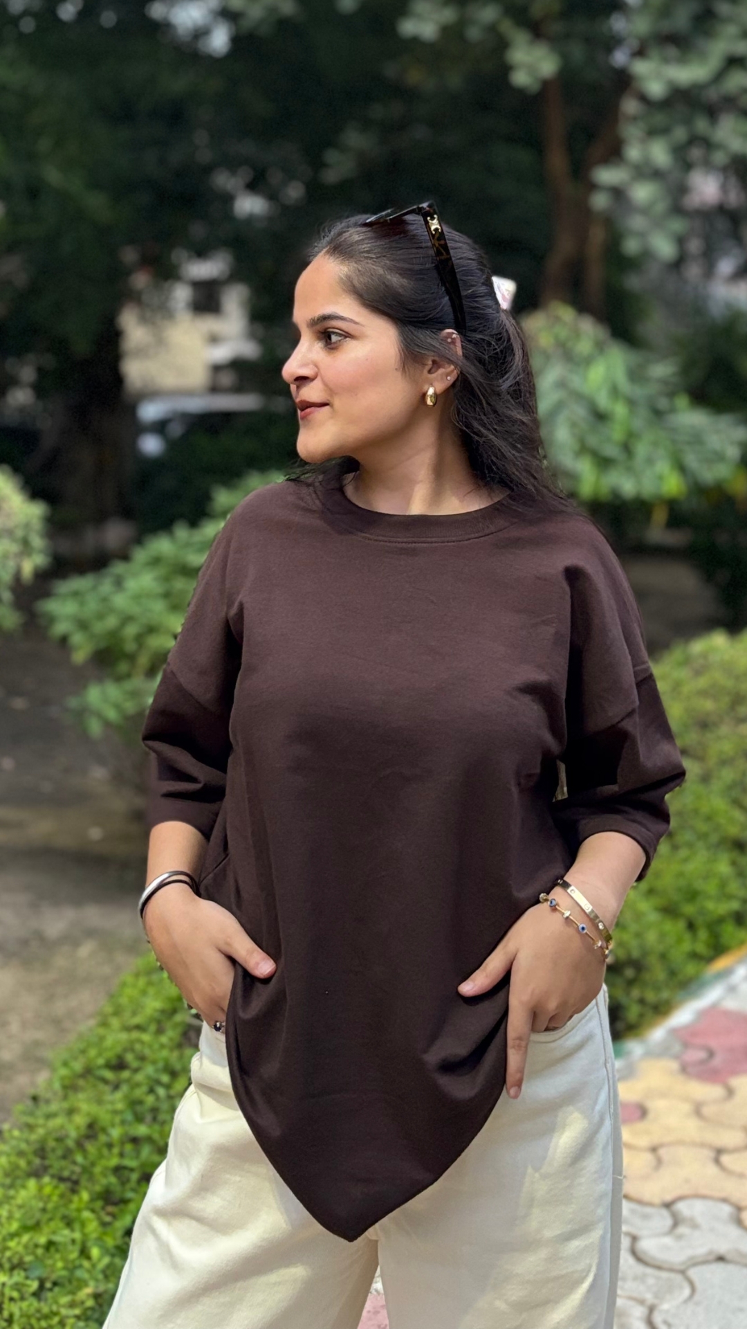 Woman wearing oversized brown t shirt by TheCottonStrand