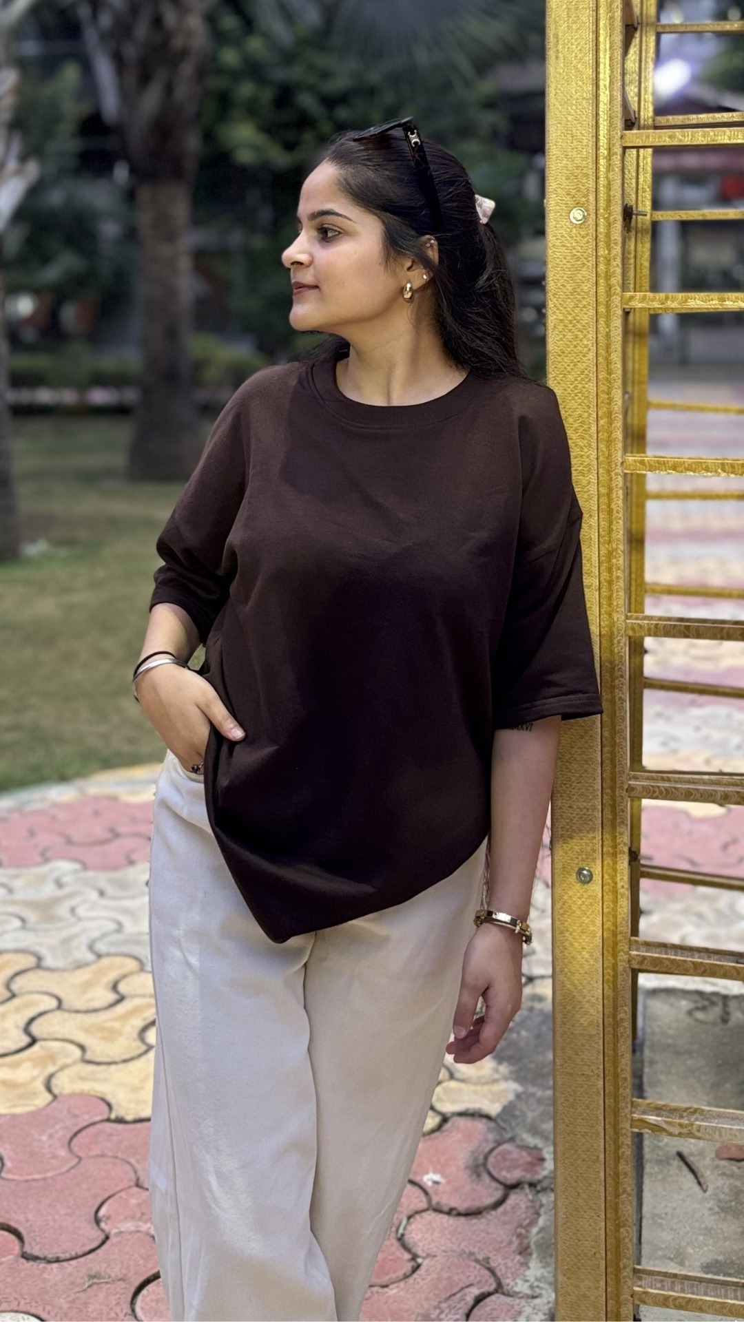 Woman wearing oversized brown t shirt by TheCottonStrand