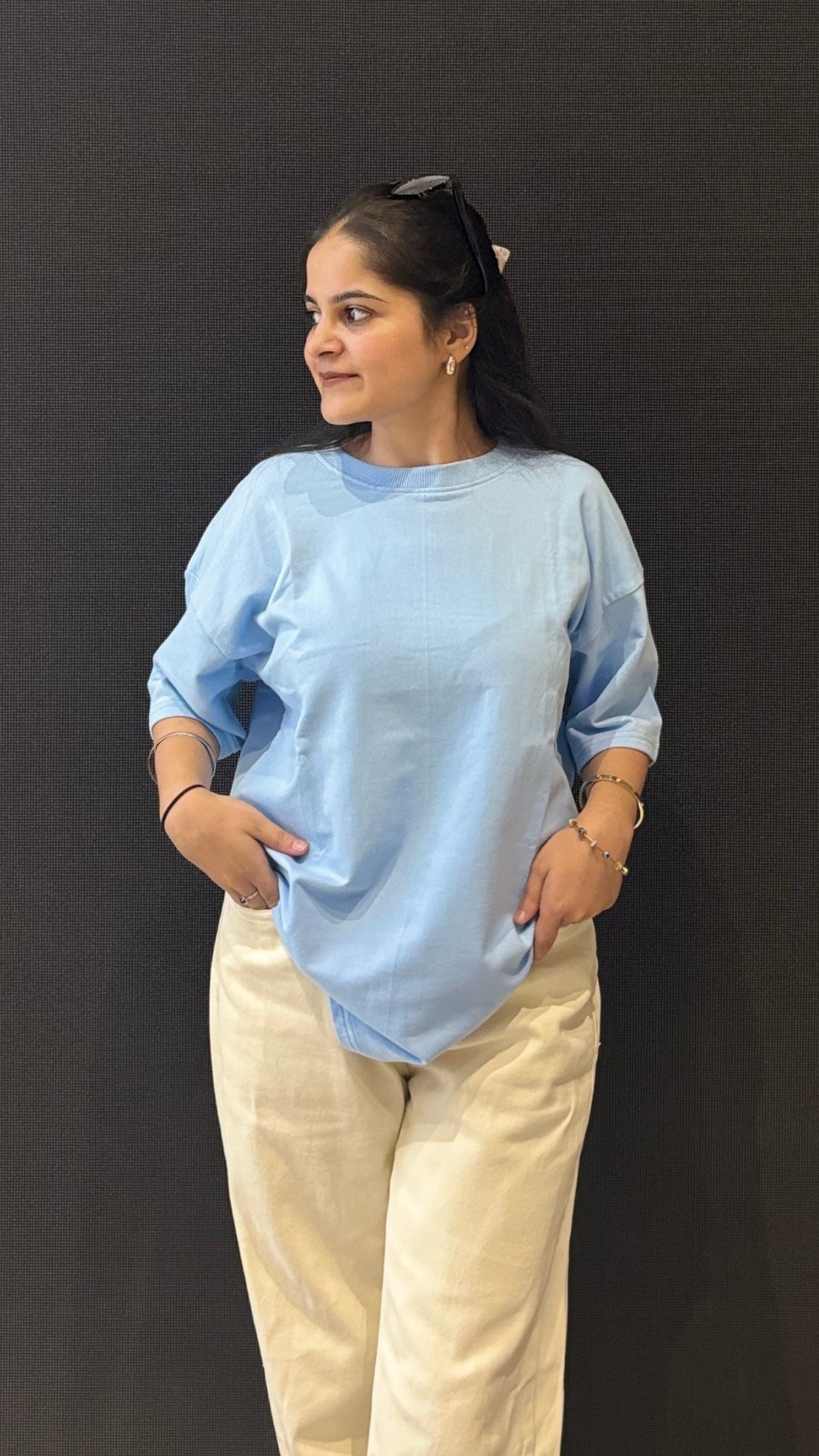 Woman wearing oversized blue t shirt by TheCottonStrand
