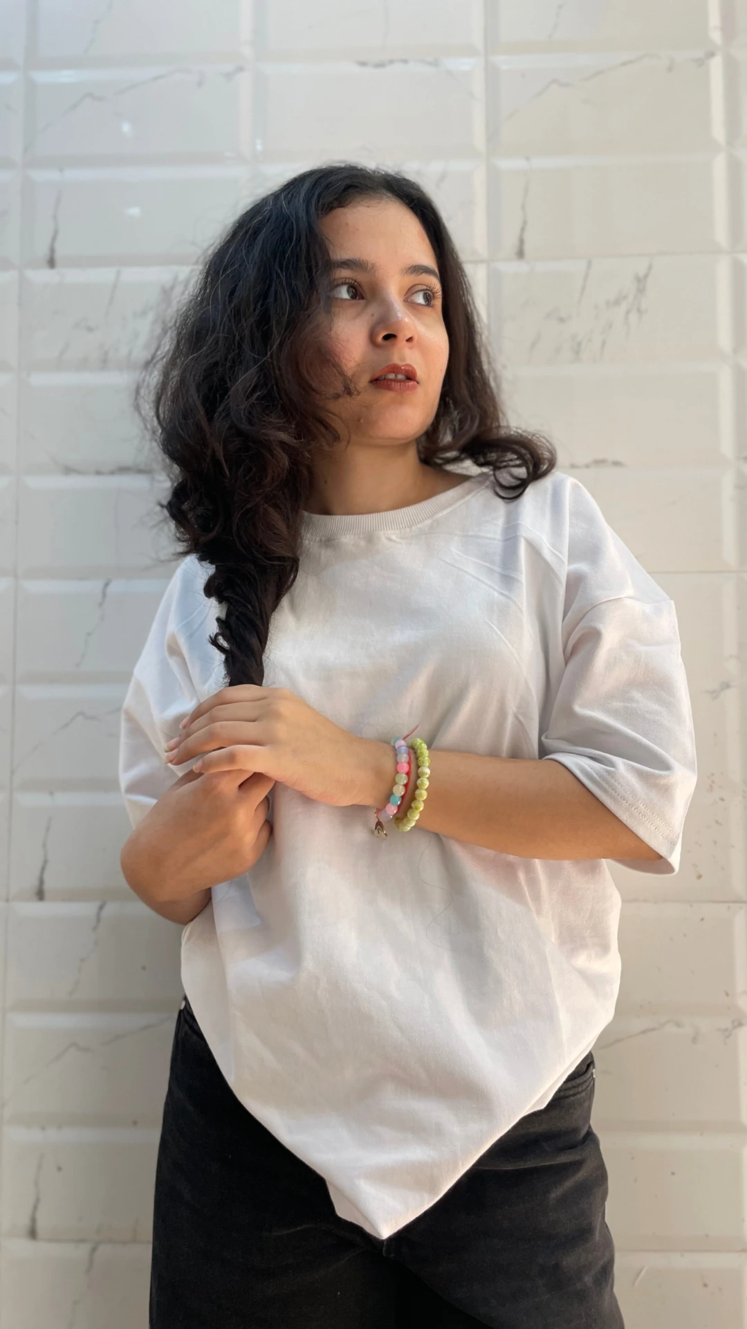 Woman wearing oversized White t shirt by TheCottonStrand